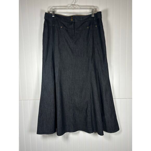 Larry Levine Womens flare Stretch Denim maxi, black Skirt Sz 16 buttons pocket - Picture 1 of 10